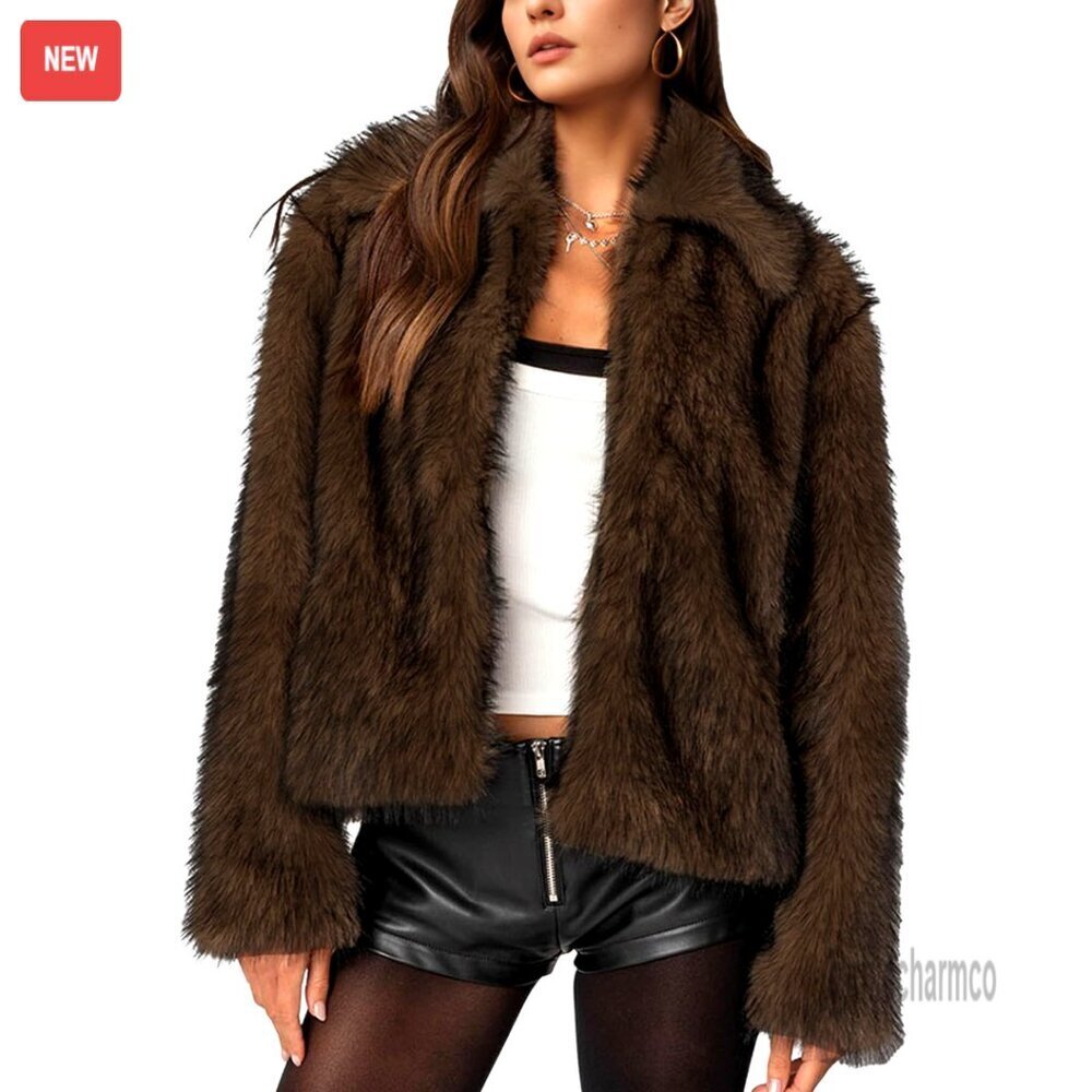 Faux Fur Cropped Jacket Open Front Fluffy Winter Coat Elegant Outerwear
